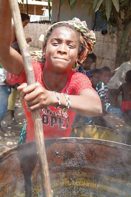 Woman cooking red palm kernels, to extract the palm oil, Guinea Bissau.