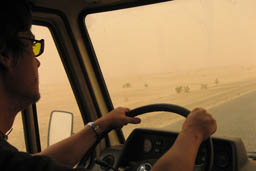 Driving during sand storm in Mercedes 207, Road in Mauritania, Harmattan