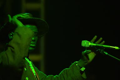 Mangala Camara, on stage in green light, Segou 2008.