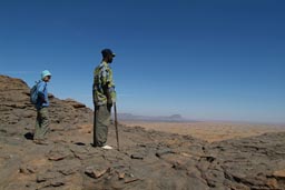 Rosalind and guide, The Yougas walk, view from top of cliff, Dogon Country.