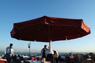 Seven Hills Restaurant, terrace, waiters and umbrella, Sultan Ahmed, Istanbul.