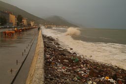 Inebulo, strong winds and waves pounding pier. Turkey, Black Sea coast.