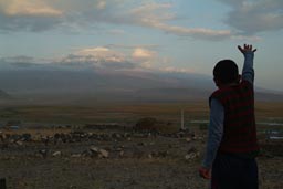 Boy eastern Turkey, saluts Mount Ararat.