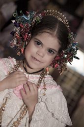 Little girl in eleborate dress, carnival, Las Tablas, Panama. 