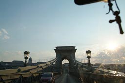 driving over Danube bridge in Budapest.