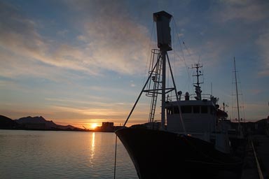 Midnight sun, ship in Bodo, Norway.