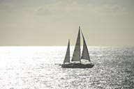Sailboat on sunlit ocean, Southern California, sun white reflections.
