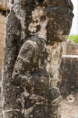 Carved Warrior Column in Oxkintok, Maya site, Yucatan.