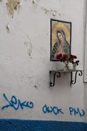 Taxco house wall, Graffiti under Madonna of Guadalupe, and red flowers.