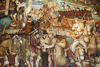Spanish conquest and enslavement. Palacio Nacional mural by Diego Rivera.