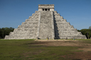 Front, west view of great pyramid, Chichen Itza, Yucatan. Watch the the snake like shape of the shade on the steps.