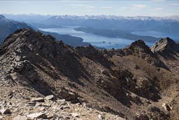 Mountain ridge of Cerro Lopez, up on 2000m, Lago Nahuel Huapi behind on 800m, Patagonian Andes, Rio Negro province, Argentina, 