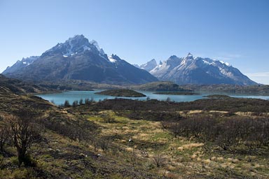 Torres del Paine massif, Lago Pehoe, approaching from south over Patagonian steppe. 
