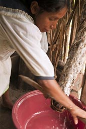 Applying and winding of mats of interwinded palm strings, and the indigena woman dehydrates the yuca grate. Water is being reused in soups. Making of Yuca bread. Ecuador, Amazon basin. Cuyabeno.