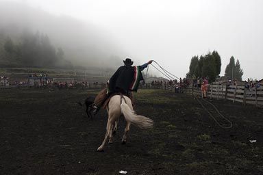 Poncho, lasso, horse, fog over Salinas rodeo ground, Horses and bulls fiesta. Ecuador, Andes.
