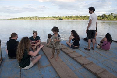 Gathering on bow of ship. Kristina, Brigitta, Jana, Daniel and David, Leandro and others. Maranon River journey.