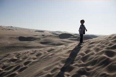 Climbs the nearby dune, on top sand flies, Huacachina, Peru.