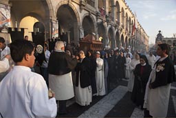 Church procession and coffin and nuns and priests, Arequipa, plaza de armas.