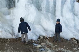 The boys near 4,600m touch ice, road Arequipa to Chivay, Peru.