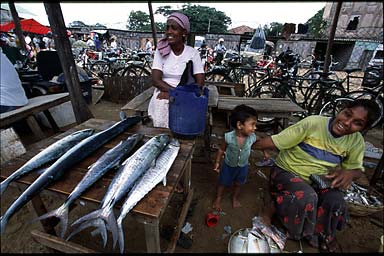 Woman selling fish showing off her boy