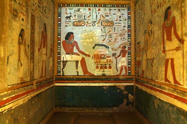 Tombs in Aswan, egyptian wall paintings.