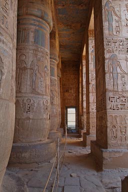 Painted hieroglyphs on columns, peristyle hall, Medinet Habu temple