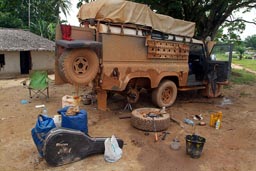 Bush repairs on Land Rover, Chebaou town Liberia.