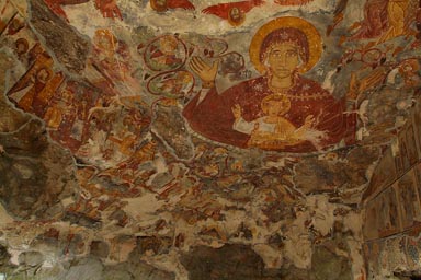 Rock church top frescoes. Madonna and child.