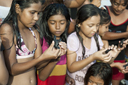 Children hold turtles in their hands, about to be released into the Pacific Ocean, El Zonte, El Salvador.