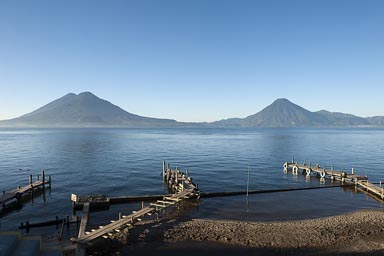 Piers on Lake Atitlan, Panajachel. Volcanoes San Pedro, Toliman, Atitlan in back.