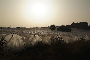 Sicily/Sicilia very South, Plastic covered plantantions, fields, village against very hazy setting sun.