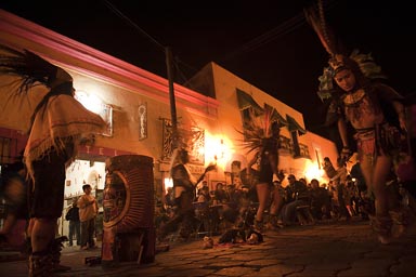 Dance the Indian dance. Atlixco, Puebla, Dia de los Muertos street performance.
