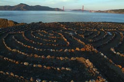 Circles of pebbles and Golden Gate Bridge.