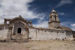 Near Sajama, white church in Tonarapi, Bolivia.