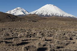 Snowcapped Pomerape and Parinacota volcanoes.