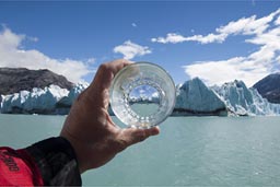 World through the whisky glass, the Patagonian, O'Higgins glacier, Chile.