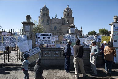 People discuss in Cajamarca in front of San Francisco church and gate, Conga mine protests, Conga no va!